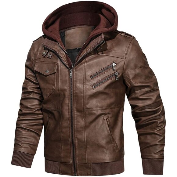 🆕 Men Brown Faux Leather Zipper Motorcycle Bomber Jacket Stand Collar PU Hood - Picture 2 of 7